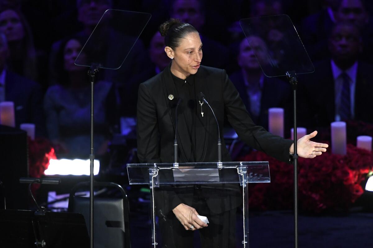 LOS ANGELES, CALIFORNIA - FEBRUARY 24: Diana Taurasi speaks during The Celebration of Life for Kobe & Gianna Bryant at Staples Center on February 24, 2020 in Los Angeles, California. (Photo by Kevork Djansezian/Getty Images)