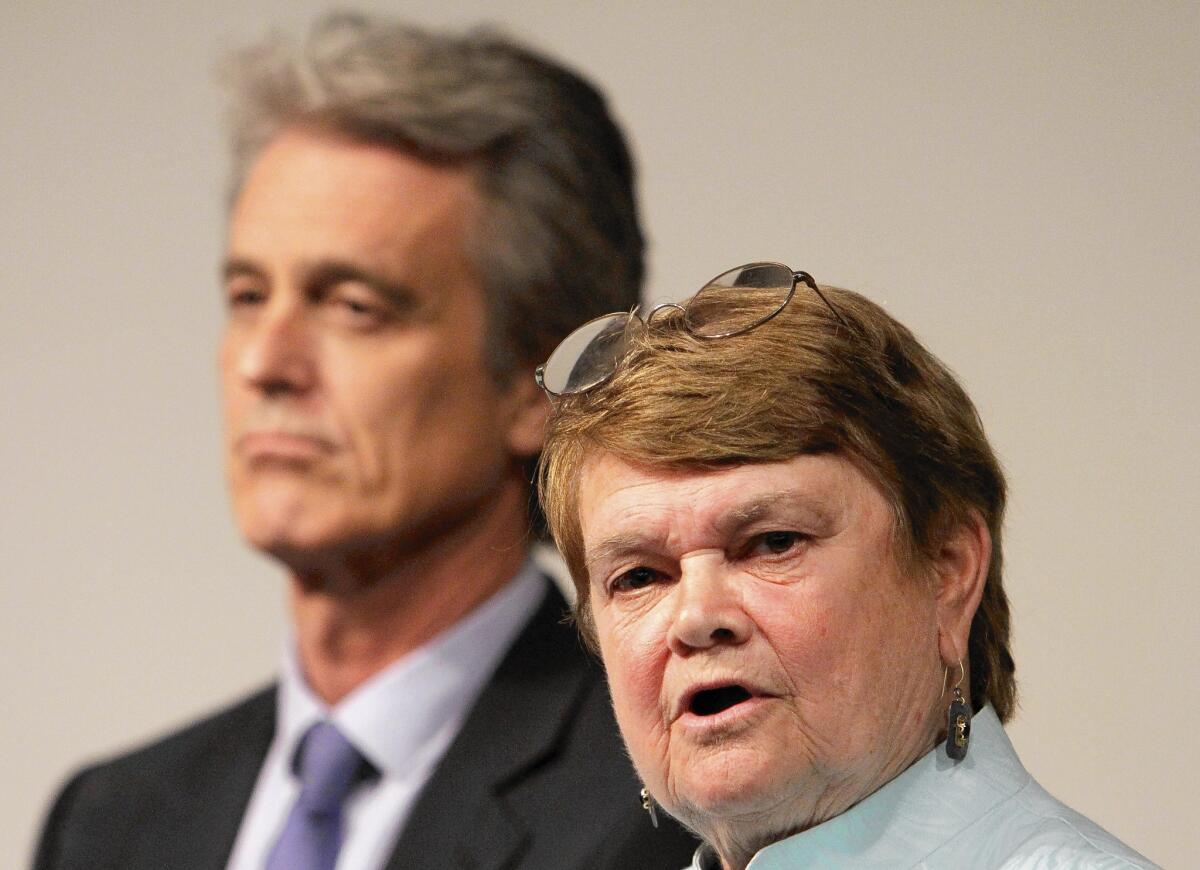 L.A. County Board of Supervisors candidates Bobby Shriver and Sheila Kuehl take part in a debate at UCLA in March. Kuehl, a former TV actress and California’s first openly gay state legislator, is seeking a comeback with her run to replace Zev Yaroslavsky on the board.