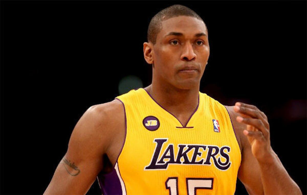 Lakers' Metta World Peace enters the game against the New Orleans Hornets.