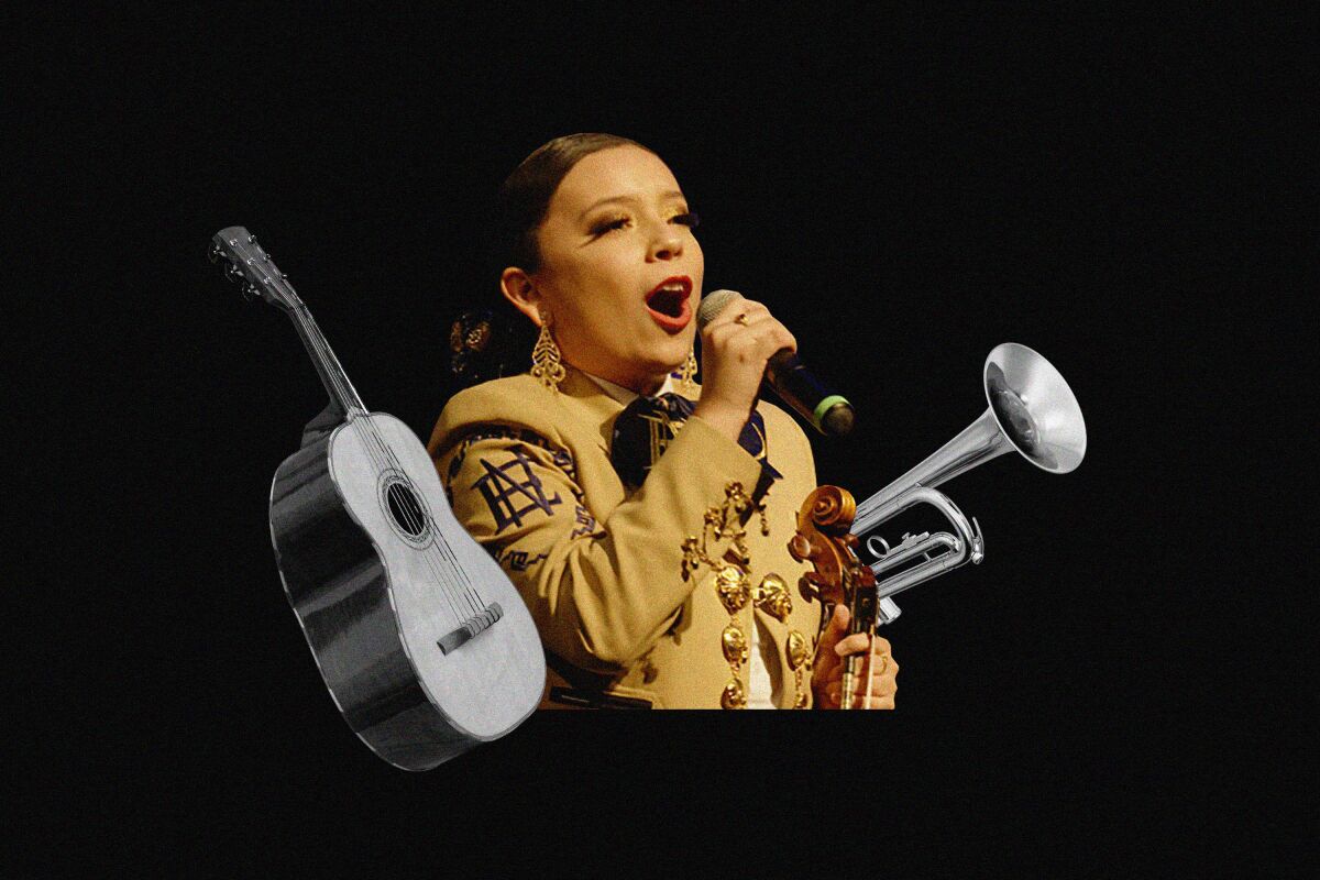 Illustration of a mariachi singer in between instruments