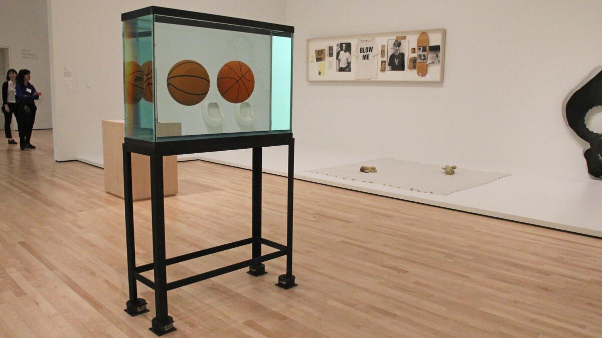 An area filled with contemporary works on the upper floors features recent donations and promised gifts to the museum, including a Jeff Koons equilibrium tank from 1985. A pair of urinal sculptures by Robert Gober, from 1987, can be seen through the tank.