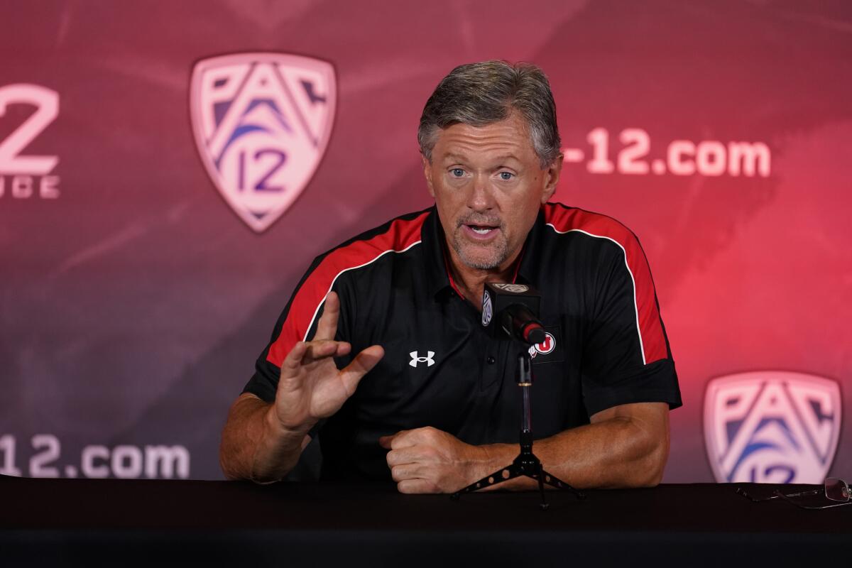 Utah coach Kyle Whittingham answers questions during Pac-12 media day on July 27 in L.A.