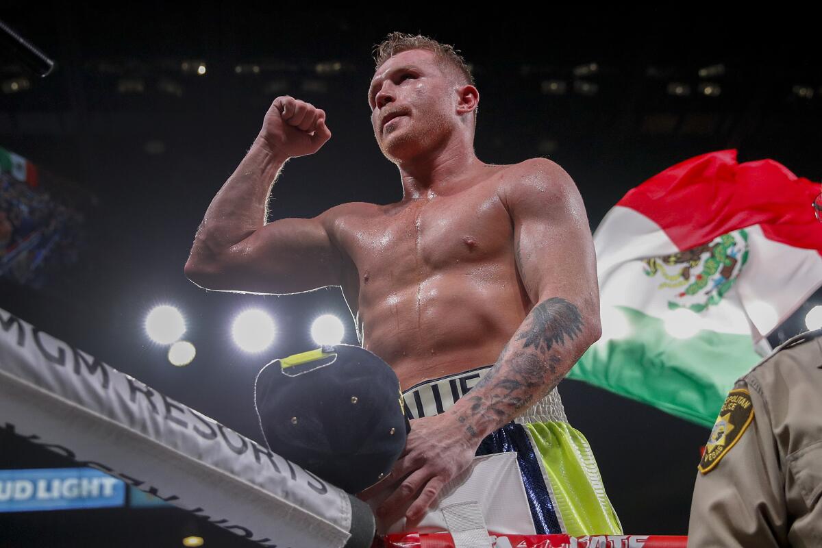 Canelo Alvarez celebrates after defeating Sergey Kovalev by knockout in a light-heavyweight WBO title bout.