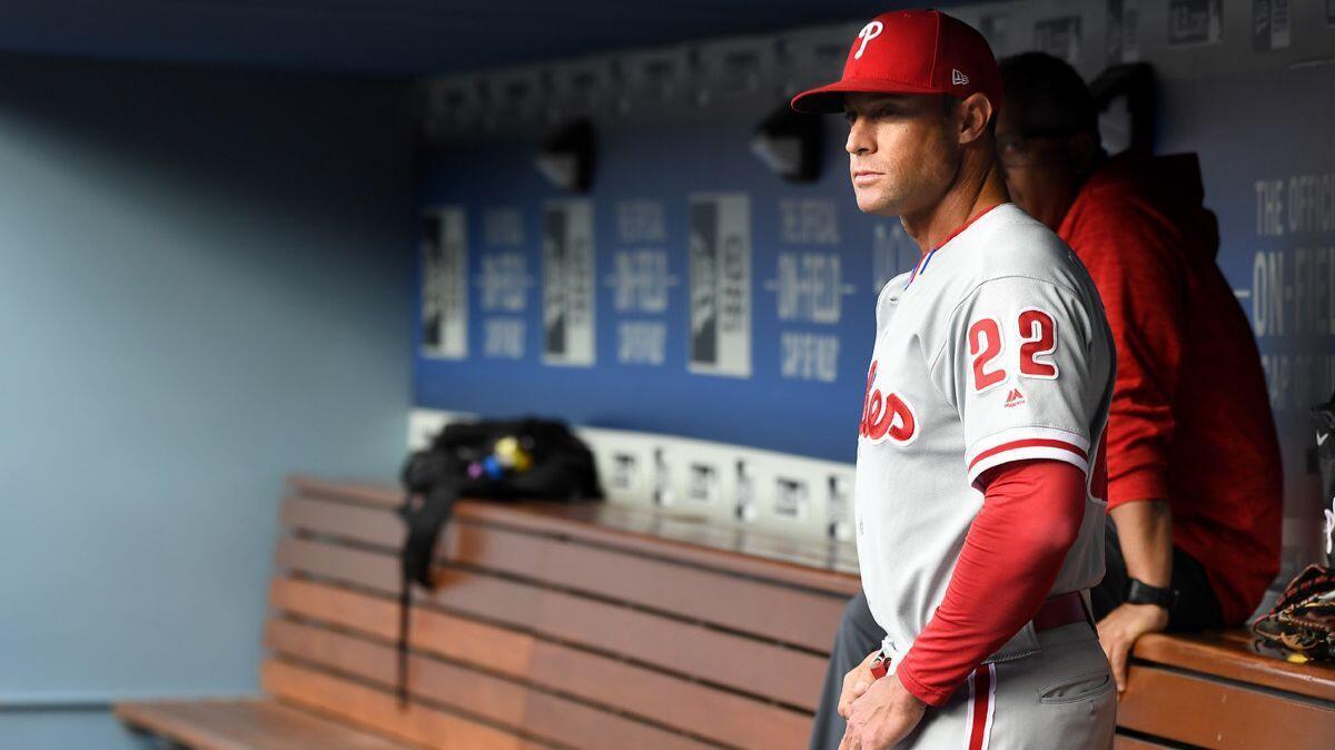 Philadelphia Phillies manager Gabe Kapler realxes in the dugout before a game against the Dodgers at Dodger Stadium on Wednesday.