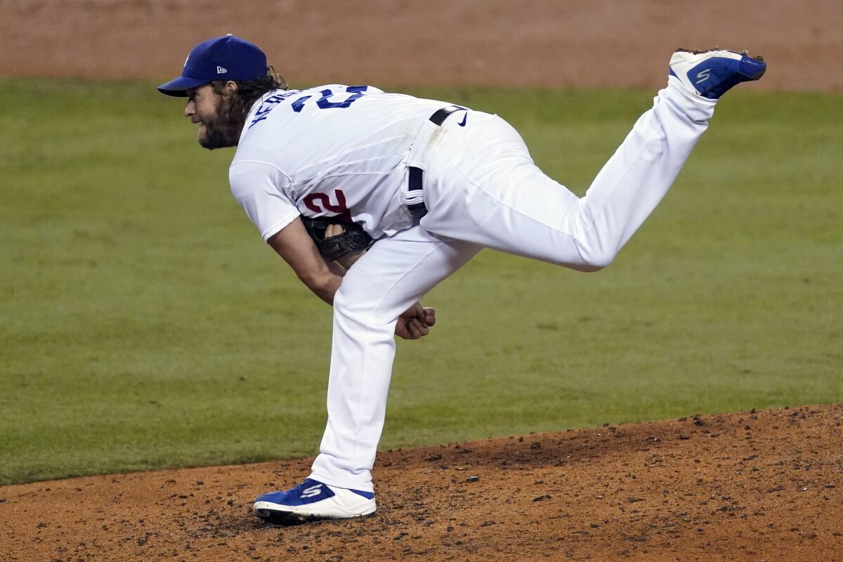 Clayton Kershaw follows through on a delivery during the sixth inning in Game 2.