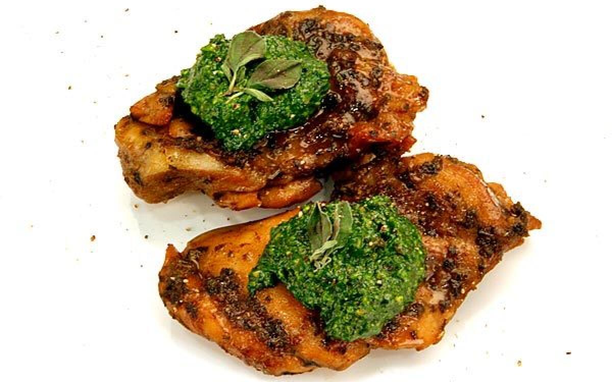 Roasted chicken thighs with spinach, basil, pistachio and avocado oil pesto