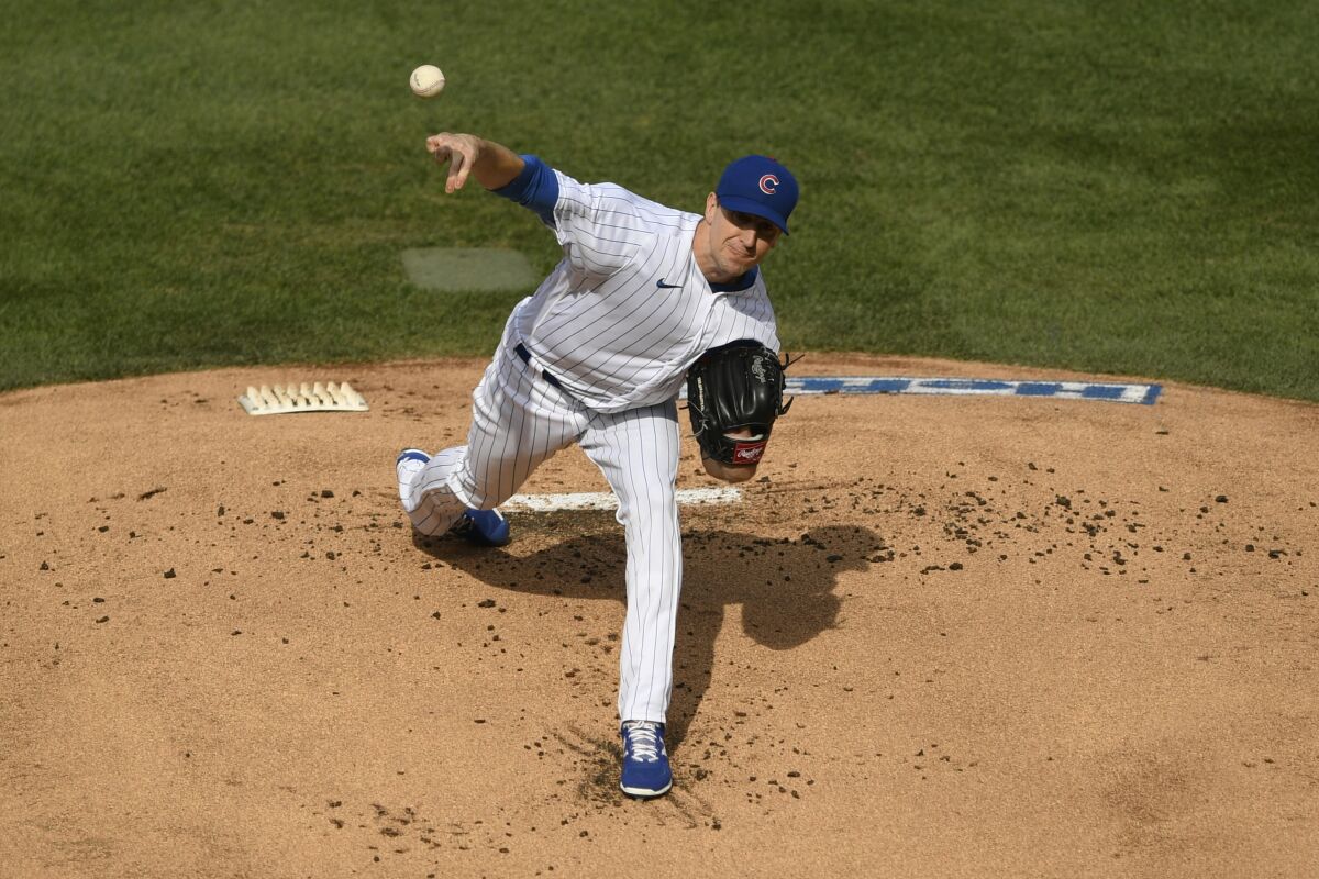 Chicago Cubs starter Kyle Hendricks delivers during the first inning of a baseball game against the St. Louis Cardinals, Monday, Sept. 7, 2020, in Chicago. (AP Photo/Paul Beaty)