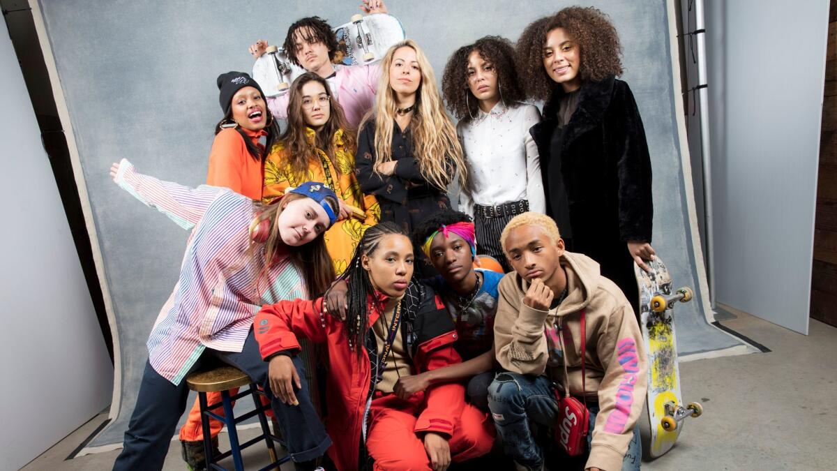 Back, from left, Ajani Russell, Rachelle Vinberg, Alex Cooper, director Crystal Moselle, Brenn Lorenzo and Jules Lorenzo, and front, Nina Moran, Dede Lovelace, Kabrina Adams and Jaden Smith from the film "Skate Kitchen."