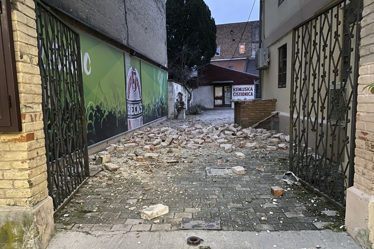 Debris in an alley after an earthquake in Sisak, Croatia