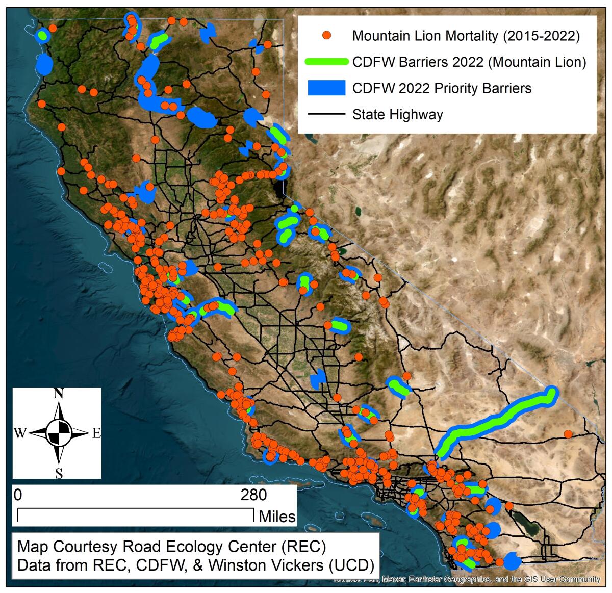 Map showing areas were mountain lions have been killed by cars
