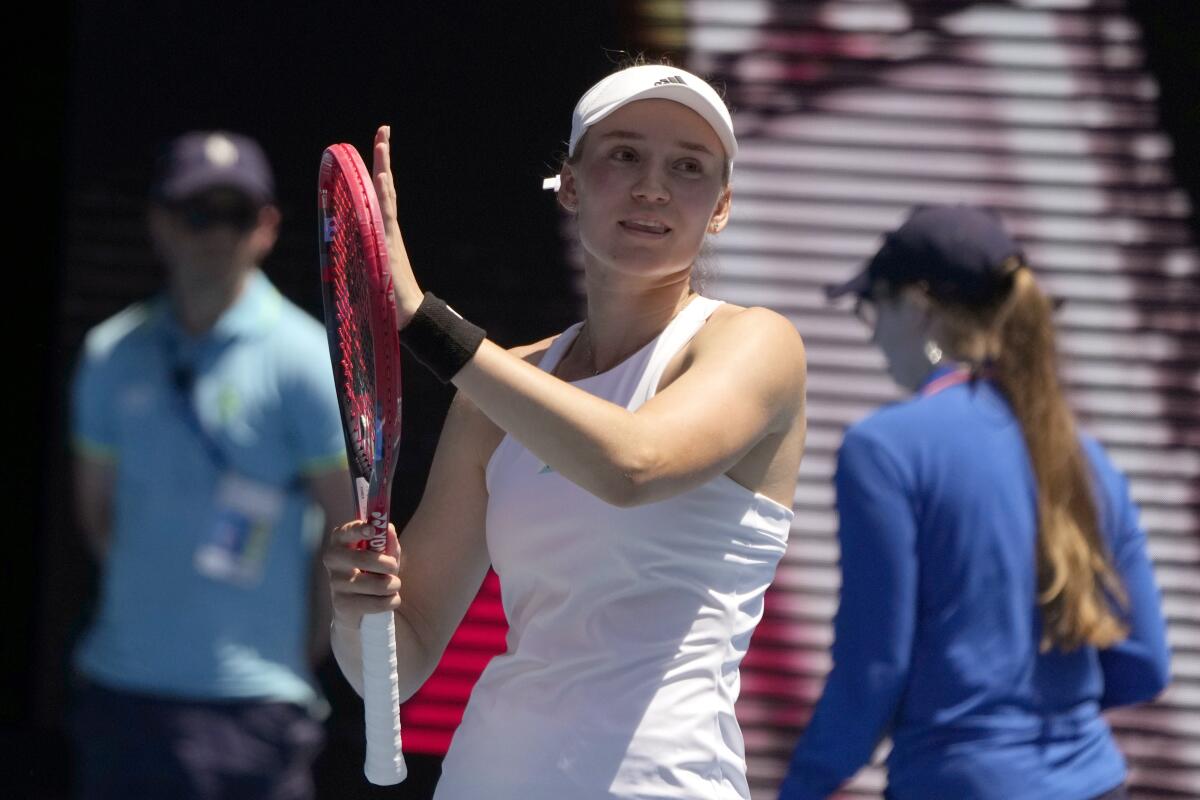 Elena Rybakina celebrates after defeating Iga Swiatek in the fourth round at the Australian Open on Jan. 22, 2023. 