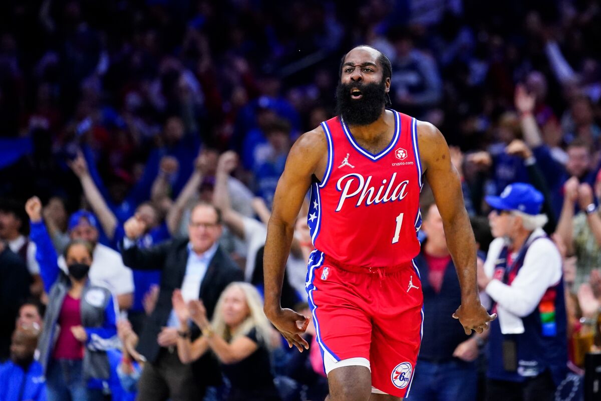 Philadelphia 76ers' James Harden reacts during the first half of Game 4 of an NBA basketball second-round playoff series against the Miami Heat, Sunday, May 8, 2022, in Philadelphia. (AP Photo/Matt Slocum)