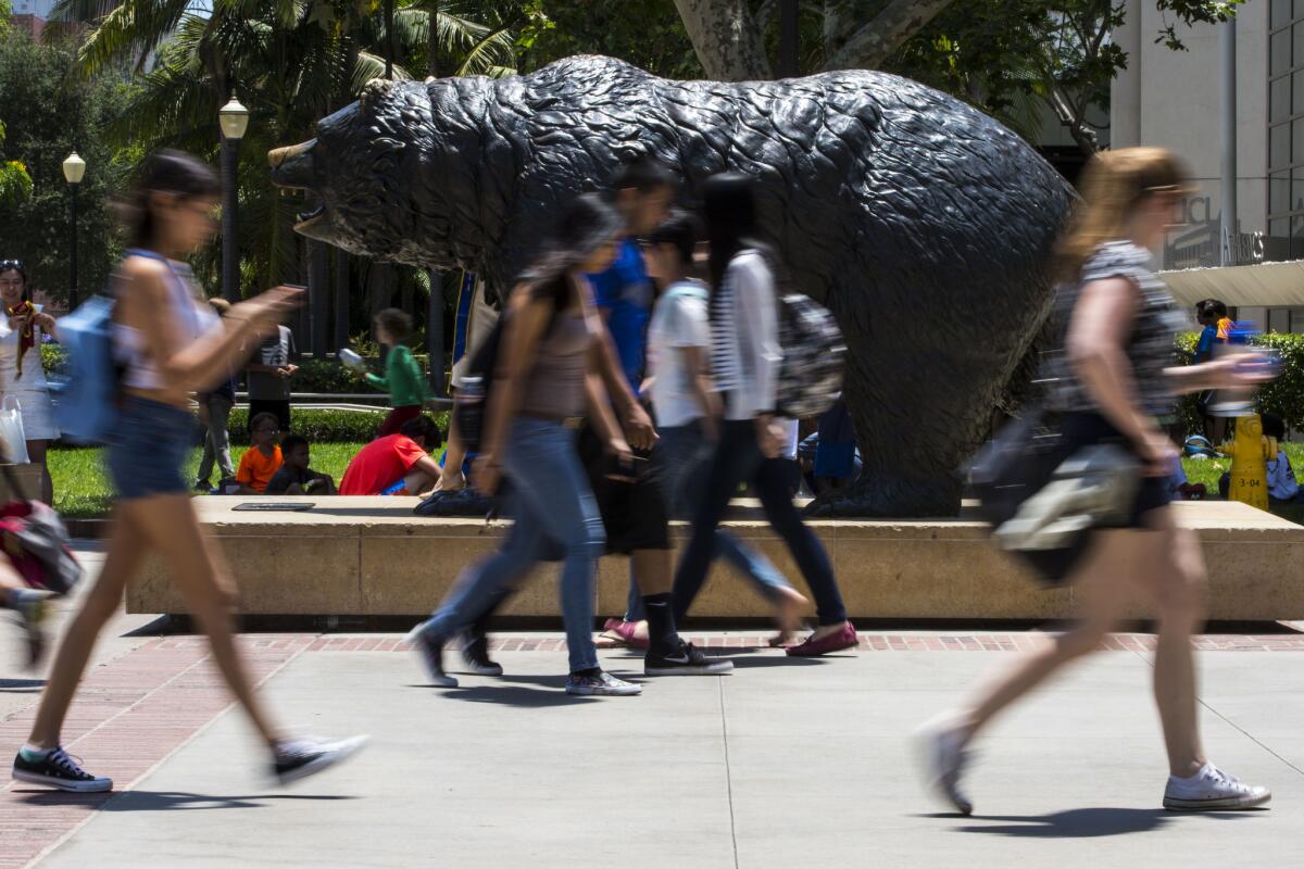 Students walk past the Bruin statue at UCLA. That campus is enrolling the largest group of transfer students in the UC system.