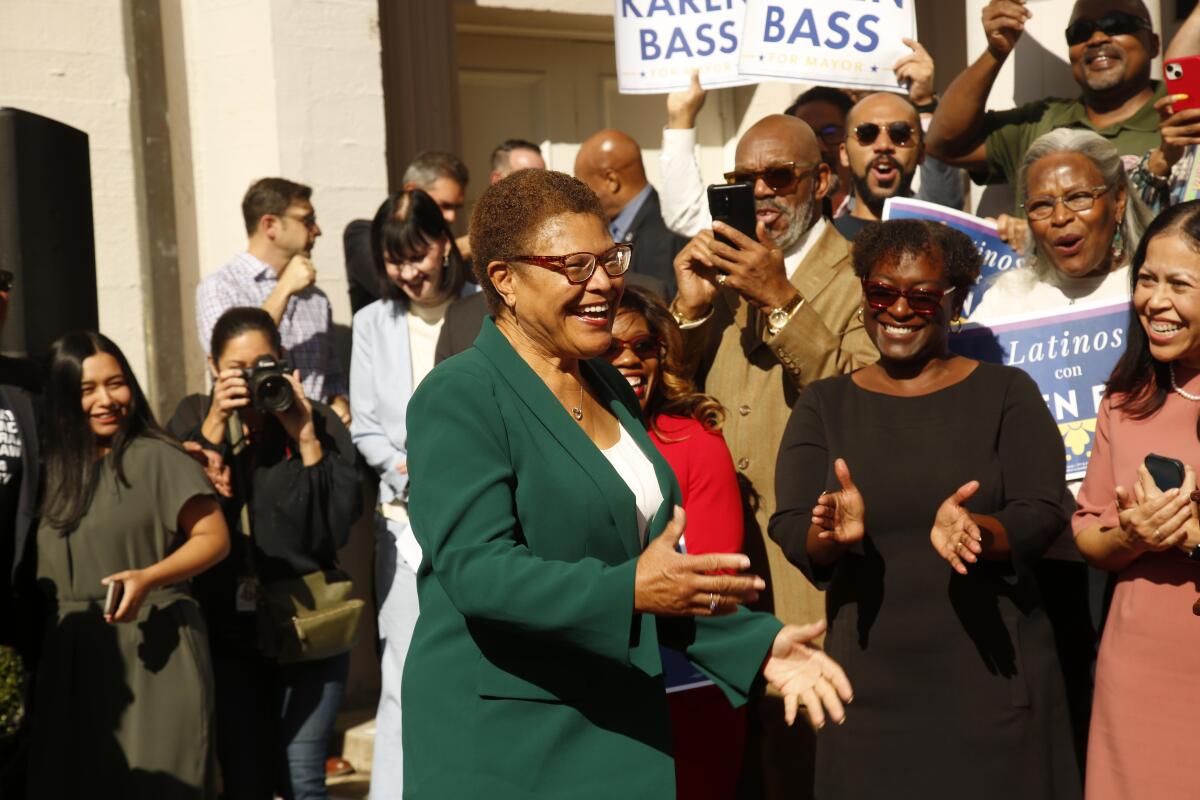 Karen Bass addresses supporters as Los Angeles' new mayor-elect on Nov. 17. 