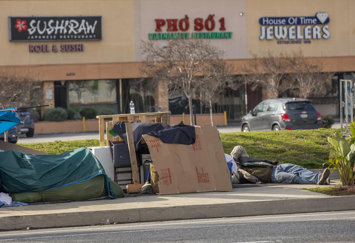 A man rests at his homeless encampment on Devonshire Street in Granada Hills. 