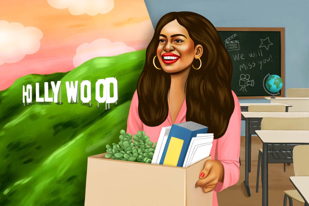 Illustration shows a teacher leaving a classroom to pursue a Hollywood dream.