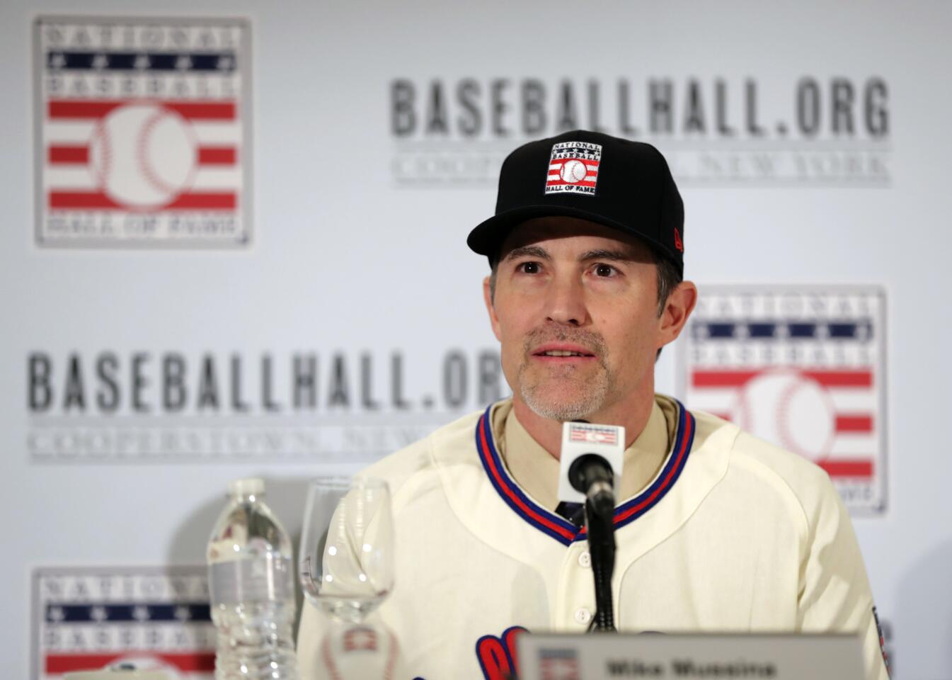 Baseball Hall of Fame inductee Mike Mussina speaks during a news conference Wednesday, Jan. 23, 2019, in New York.