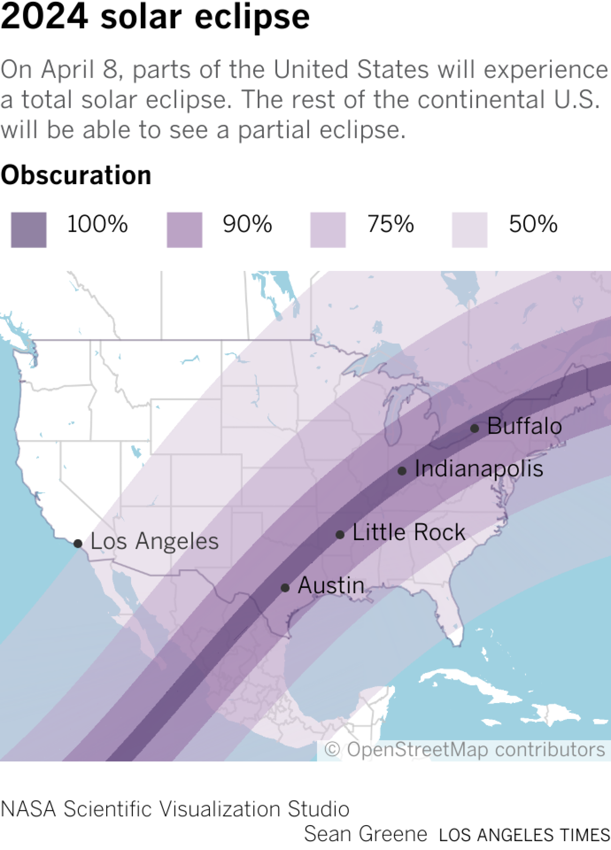 Map shows the path of totality arcing through parts of Texas, Arkansas, Illinois, Indiana, Ohio and New England.