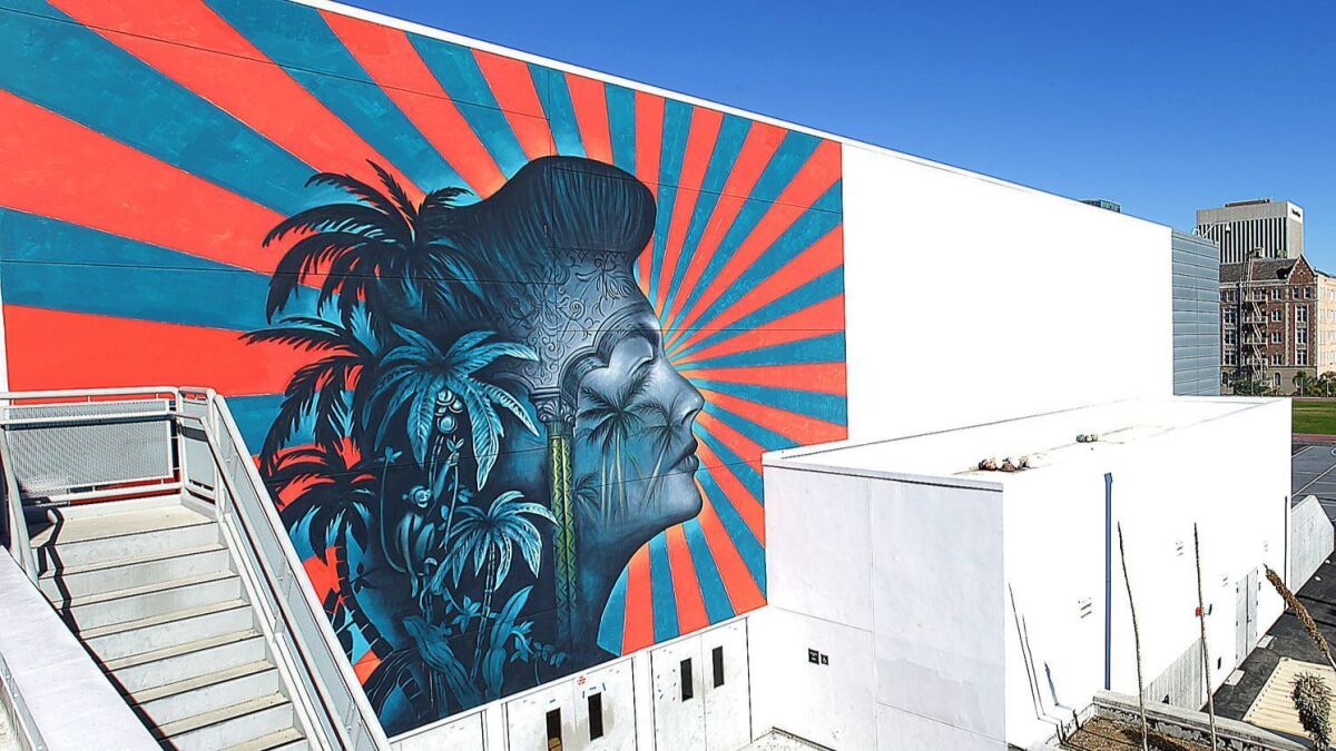 Beau Stanton's mural of Ava Gardner at a Koreatown school is meant to evoke the famed Cocoanut Grove nightclub. Korean activists want it painted over because of the sun rays in the background, which they say evoke the Japanese imperial battle flag.