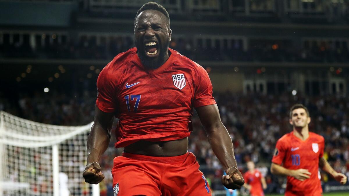 United States' Jozy Altidore celebrates after scoring during the second half of the CONCACAF Gold Cup match against Panama on Tuesday in Kansas City, Kan.