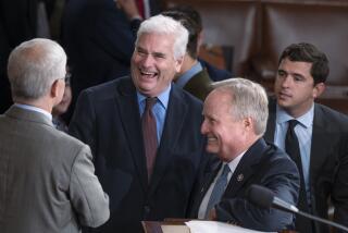 FILE—House Majority Whip Tom Emmer, R-Minn., center, is flanked by Rep. Patrick McHenry, R-N.C., the temporary leader of the House of Representatives, left, and Rep. David Joyce, R-Ohio, right, as lawmakers convene to hold a third ballot to elect a speaker of the House, at the Capitol in Washington, Friday, Oct. 20, 2023. After the rejection of former speaker Kevin McCarthy, Majority Leader Steve Scalise and Judiciary Committee Chair Jim Jordan by the GOP caucus, Emmer is emerging as the newest probable candidate to hold the gavel. (AP Photo/J. Scott Applewhite, File)