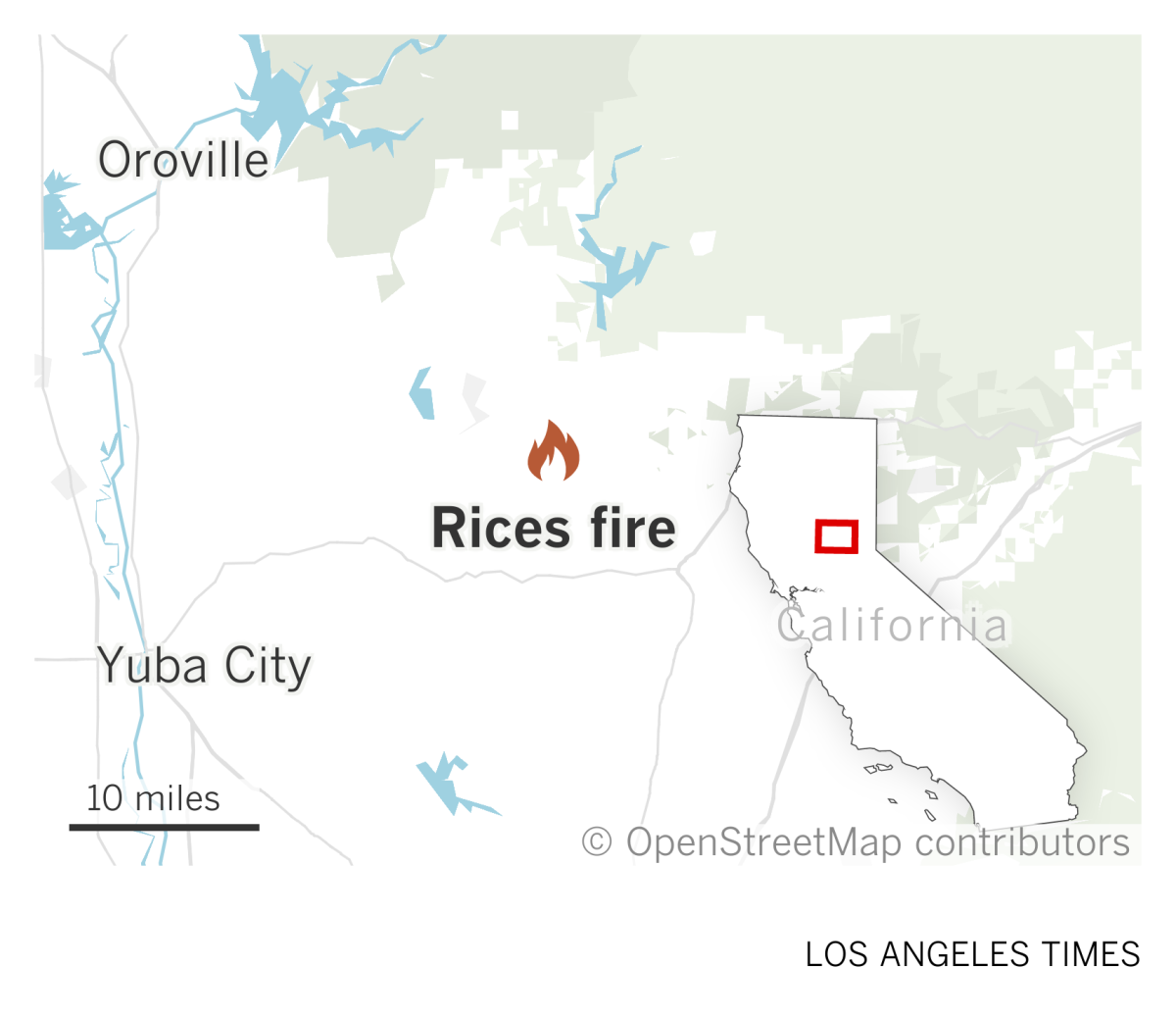 A map of part of Northern California shows the location of the Rice fire southeast of Oroville and northeast of Yuba City