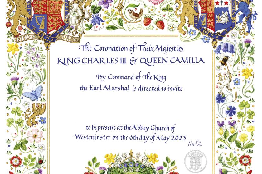 This photo released by Buckingham Palace on Tuesday, April 4, 2023 displays the invitation to the Coronation of Britain's King Charles III in Westminster Abbey. King Charles III’s wife has been officially identified as Queen Camilla for the first time, with Buckingham Palace using the title on invitations for the monarch’s May 6 coronation. Camilla, who until now has been described as queen consort, is given equal billing on the ornate medieval style invitations that will be sent to more than 2,000 guests and were unveiled on Tuesday. (Buckingham Palace via AP)