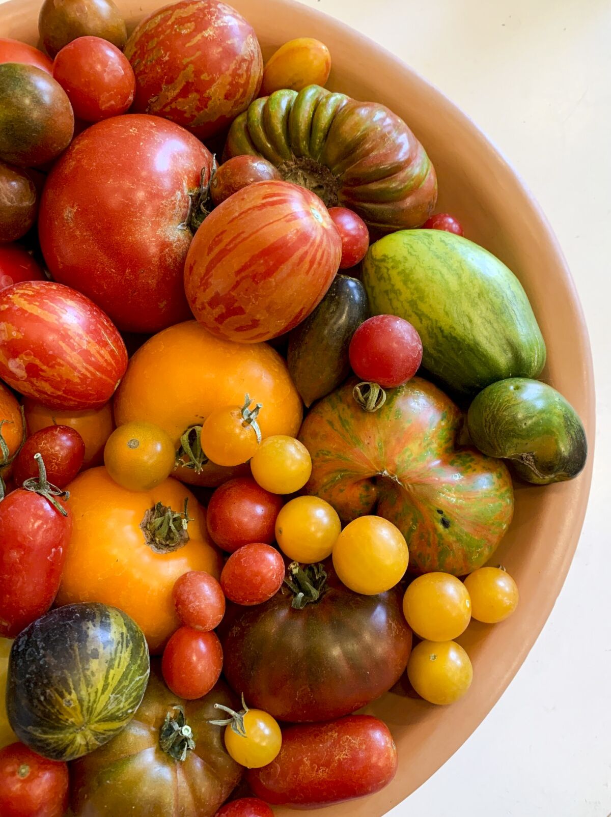 A wooden bowl filled with red, green and yellow tomatoes. 
