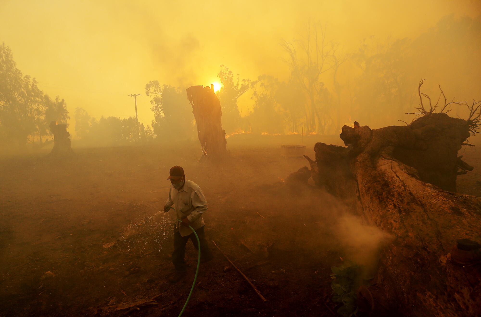 A man shrouded by smoke uses a garden hose to soak dry vegetation