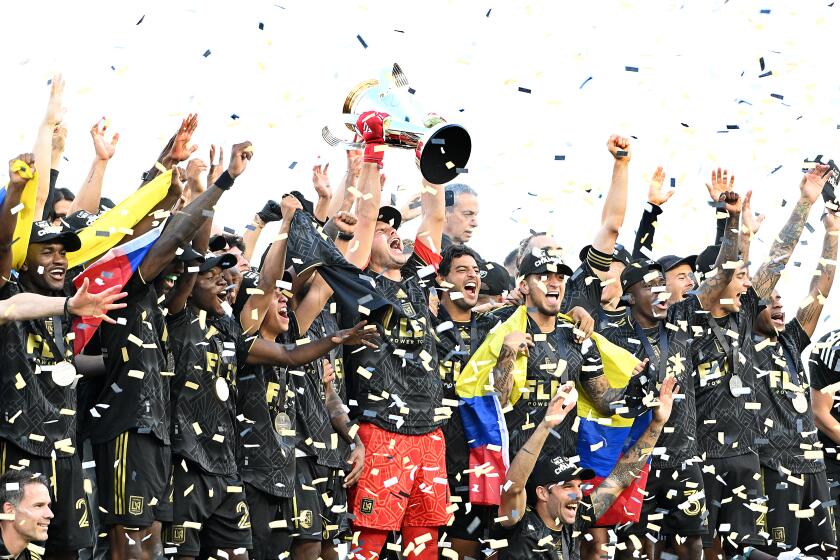 Los Angeles, California November 5, 2022-LAFC players celebrate the MLS Cup.