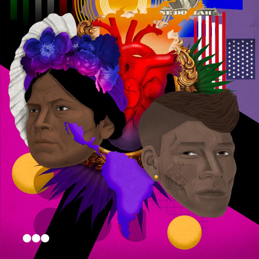 collage of two faces, a heart, american flag, mexico flag 