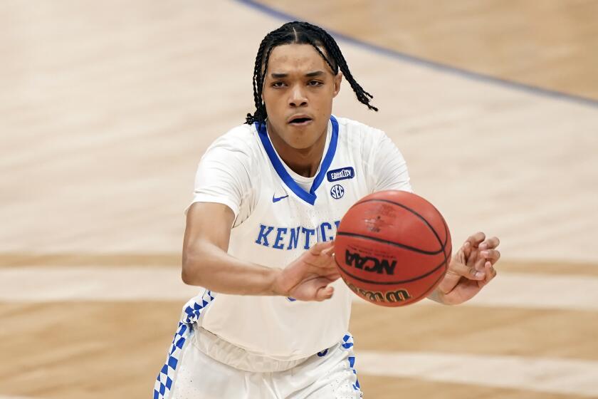 Kentucky's Brandon Boston Jr. plays against Mississippi State in an NCAA college basketball game in the Southeastern Conference Tournament Thursday, March 11, 2021, in Nashville, Tenn. (AP Photo/Mark Humphrey)