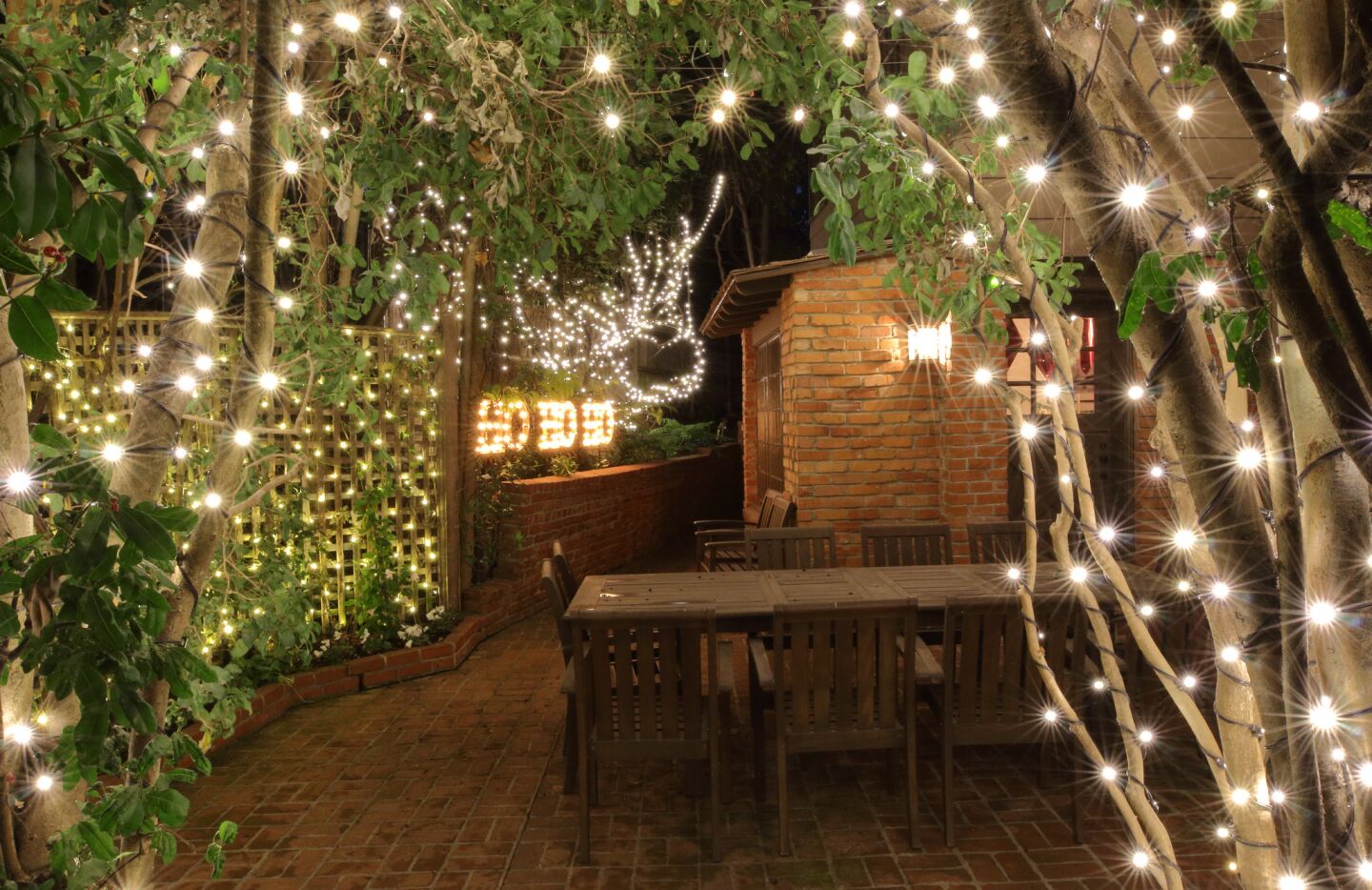Christmas lights add sparkle to the patio.
