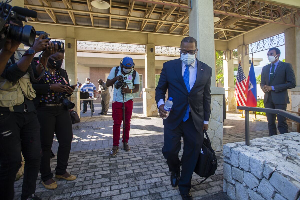 Assistant Secretary for Western Hemisphere Affairs Brian Nichols leaves the U.S. Embassy, in Port-au-Prince, Haiti, Friday, 