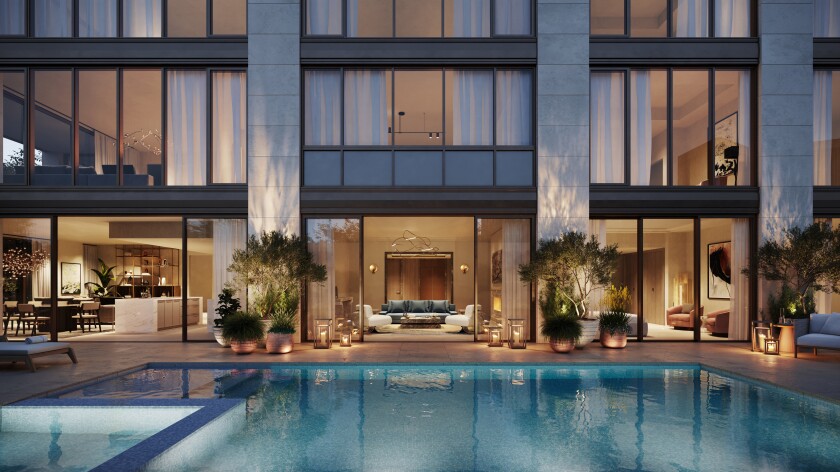A rendering of a sleek condo with glass walls that opens to a pool and spa.