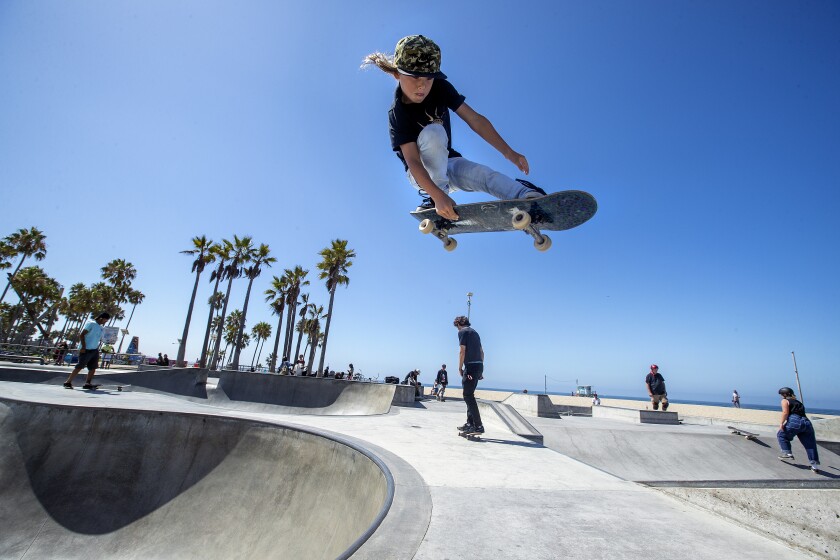 Ocean Brown, 8, of Huntington Beach, gets airborne at the Venice Beach Skate Park.