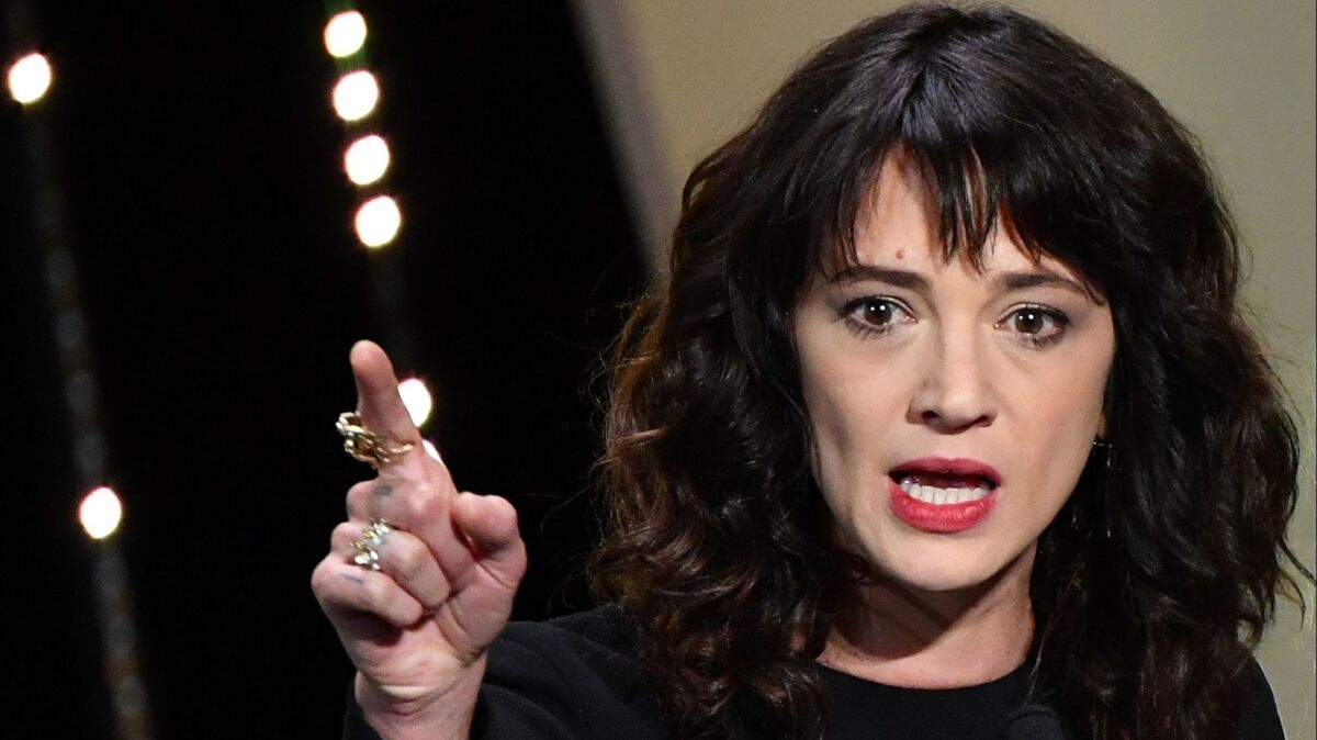 Italian actress Asia Argento speaks onstage on May 19 during the closing ceremony of the 71st edition of the Cannes Film Festival.