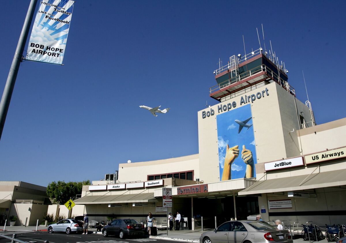 An airplane takes off at the Bob Hope Airport,