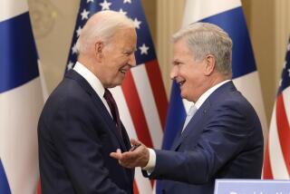 Finland's President Sauli Niinisto, right, and U.S. President Joe Biden smile after their press conference in Helsinki, Finland, Thursday, July 13, 2023. Biden is in Finland to attend the US–Nordic Leaders' Summit. (AP Photo/Sergei Grits)