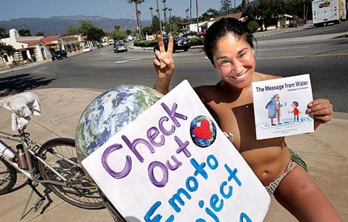 Jennifer Moss, 32, known in Ojai as "Pastie Lady" or "Earth Friend Jen," rides around town in pasties and a G-string made of hemp to support natural-fiber clothing and the healing powers of water. In the year since she began pedaling in her scant attire, Moss has been arrested and ticketed.