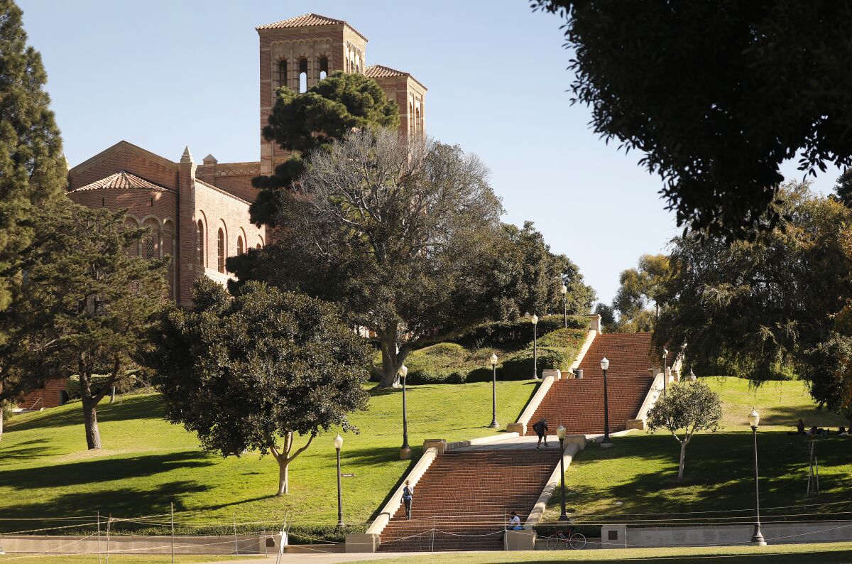 Three broad sets of stairs lead to Royce Hall at UCLA.