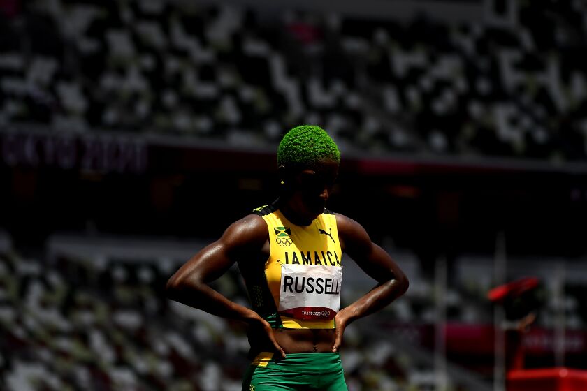-TOKYO,JAPAN August 4, 2021: Jamaica's Janieve Russell prepares to enter the starting blocks for the 400m hurdles at the 2020 Tokyo Olympics. (Wally Skalij /Los Angeles Times)