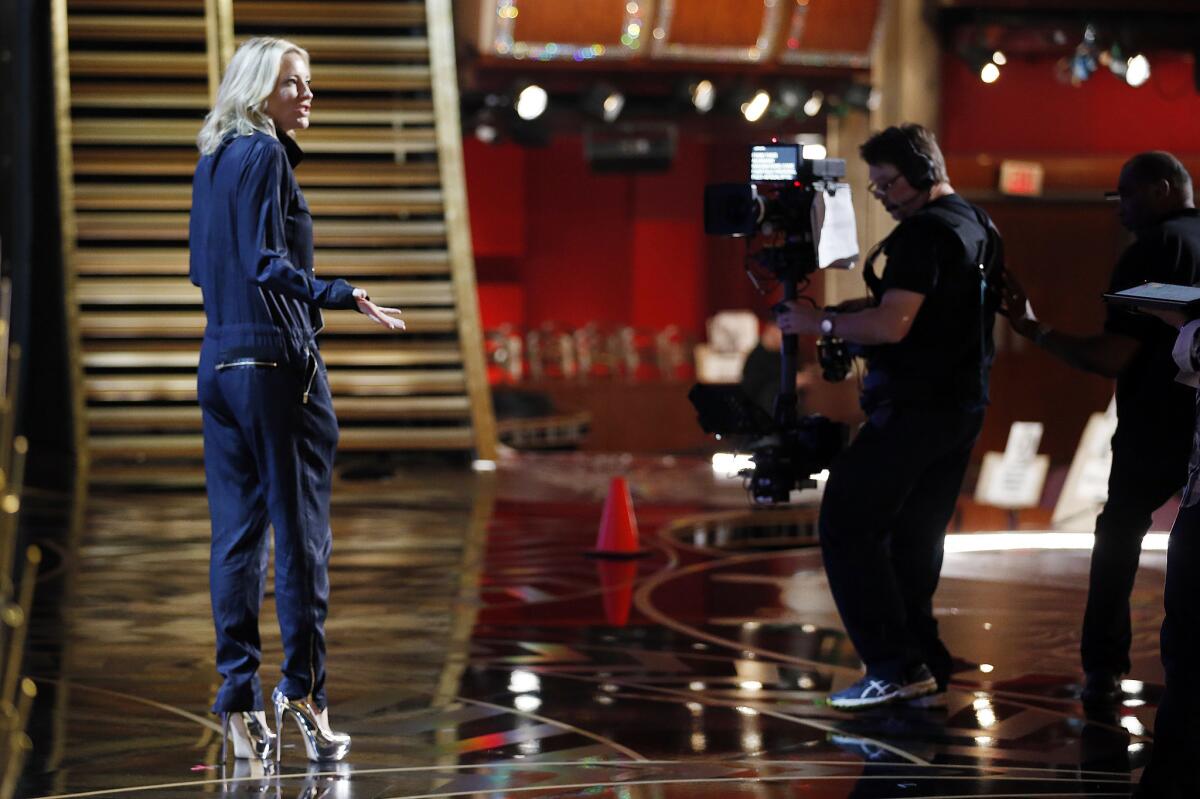 Two time Academy Award winner actress Cate Blanchett works in front of the steadicam operated by Fred Frederick at Oscars dress rehearsals Saturday.