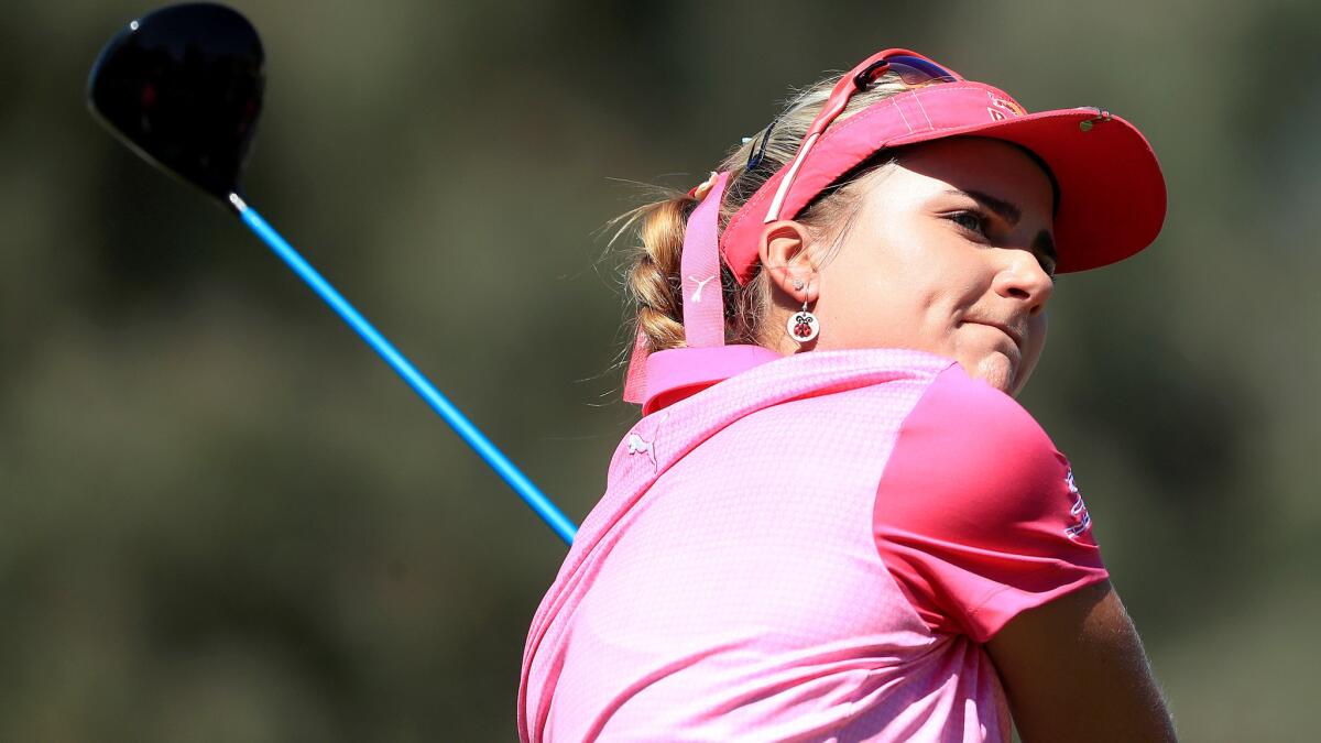 Lexi Thompson watches her drive at the second hole on Saturday during the third round of the ANA Inspiration.