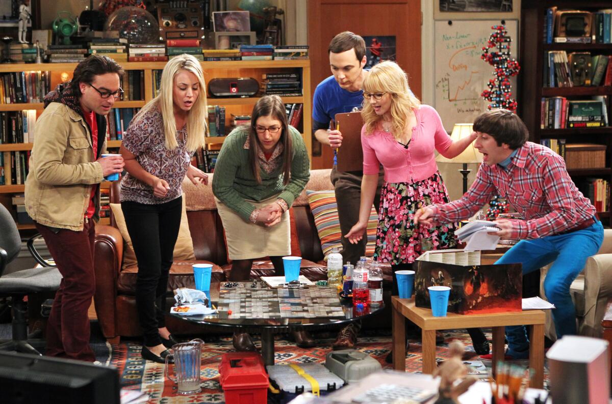 From left, Johnny Galecki, Kaley Cuoco, Mayim Bialik, Jim Parsons, Melissa Rauch and Simon Helberg, in an episode of "The Big Bang Theory."