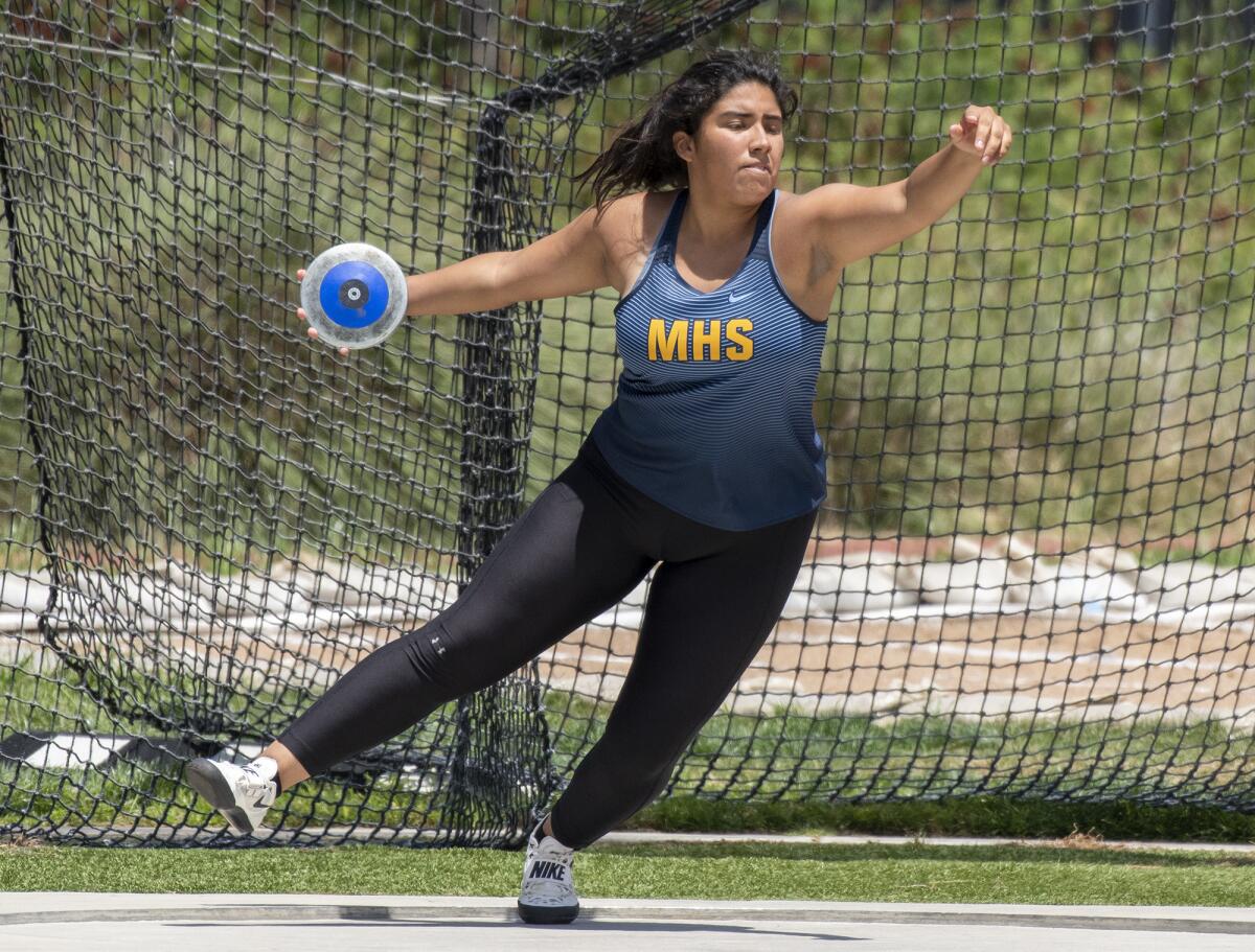 Marina's Alejandra Rosales competes in the discus throw during the CIF Southern Section Masters Meet at El Camino College on May 18.