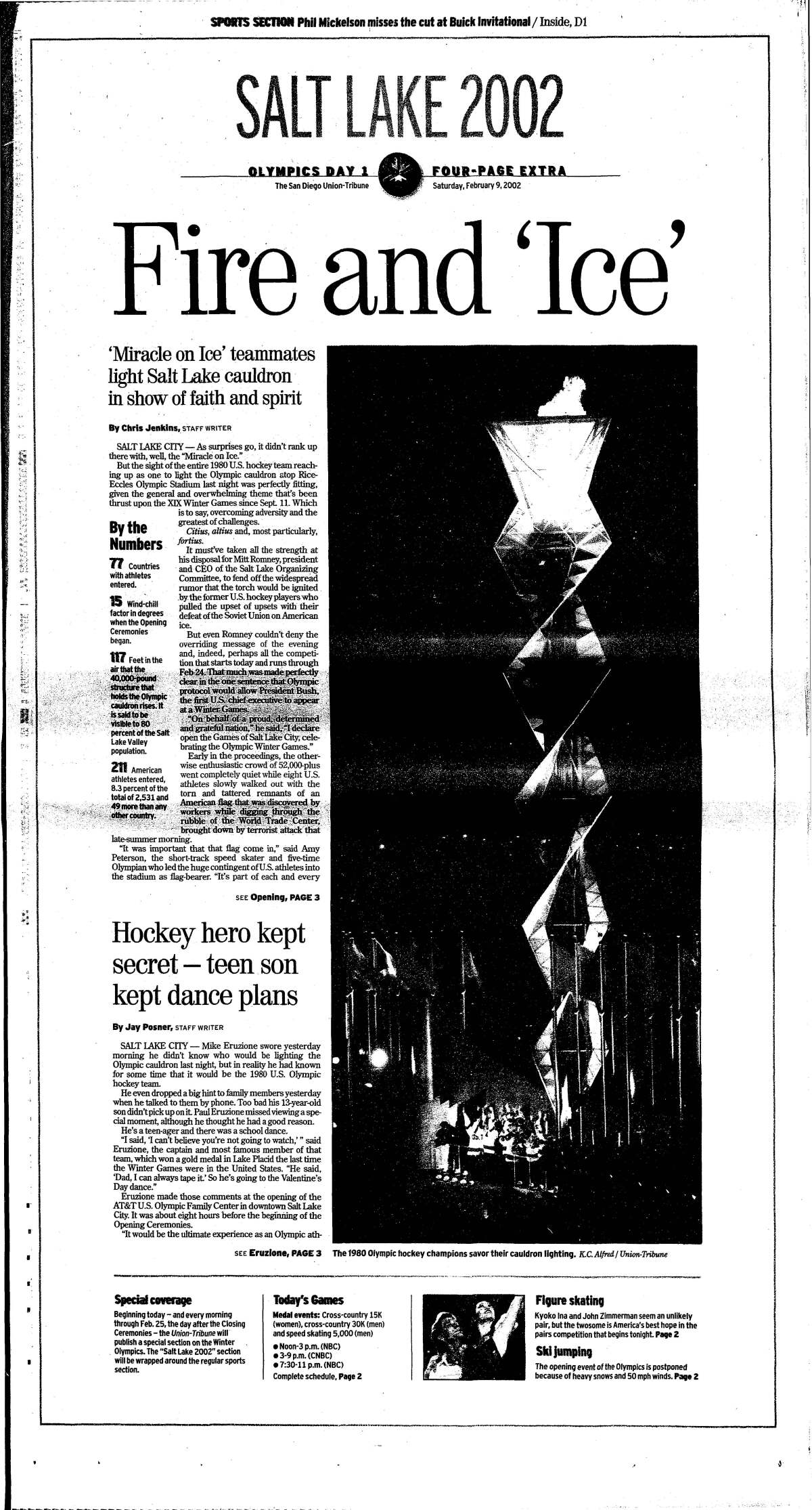 A photo of the Olympic Torch lighting ceremony dominated the front page of the Union-Tribune special section