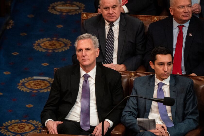 WASHINGTON, DC - JANUARY 04: Rep. Kevin McCarthy (R-CA) stares off into the distance while on the floor of the House Chamber of the U.S. Capitol Building on Wednesday, Jan. 4, 2023 in Washington, DC. After three failed attempts to successfully vote for Speaker of the House, the members of the 118th Congress is expected to try again today. (Kent Nishimura / Los Angeles Times)