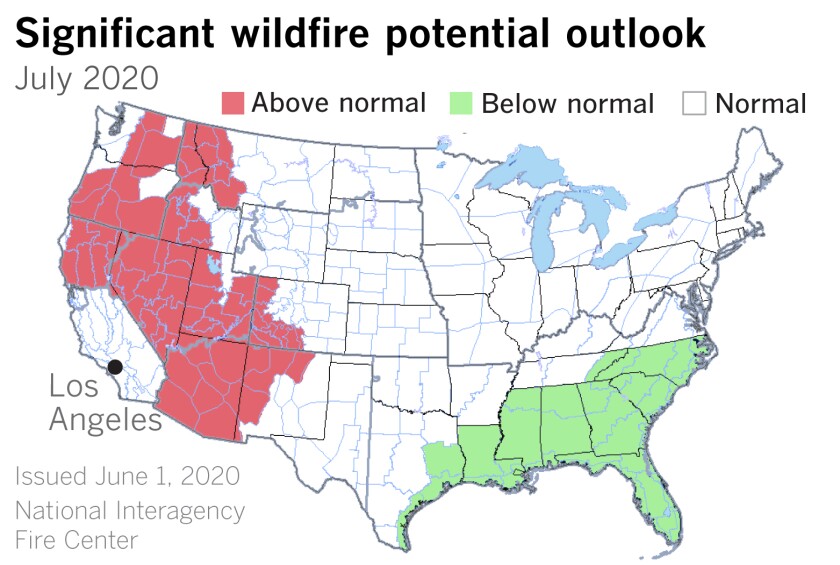 Wildfire outlook for July is expected to be above normal in the West.