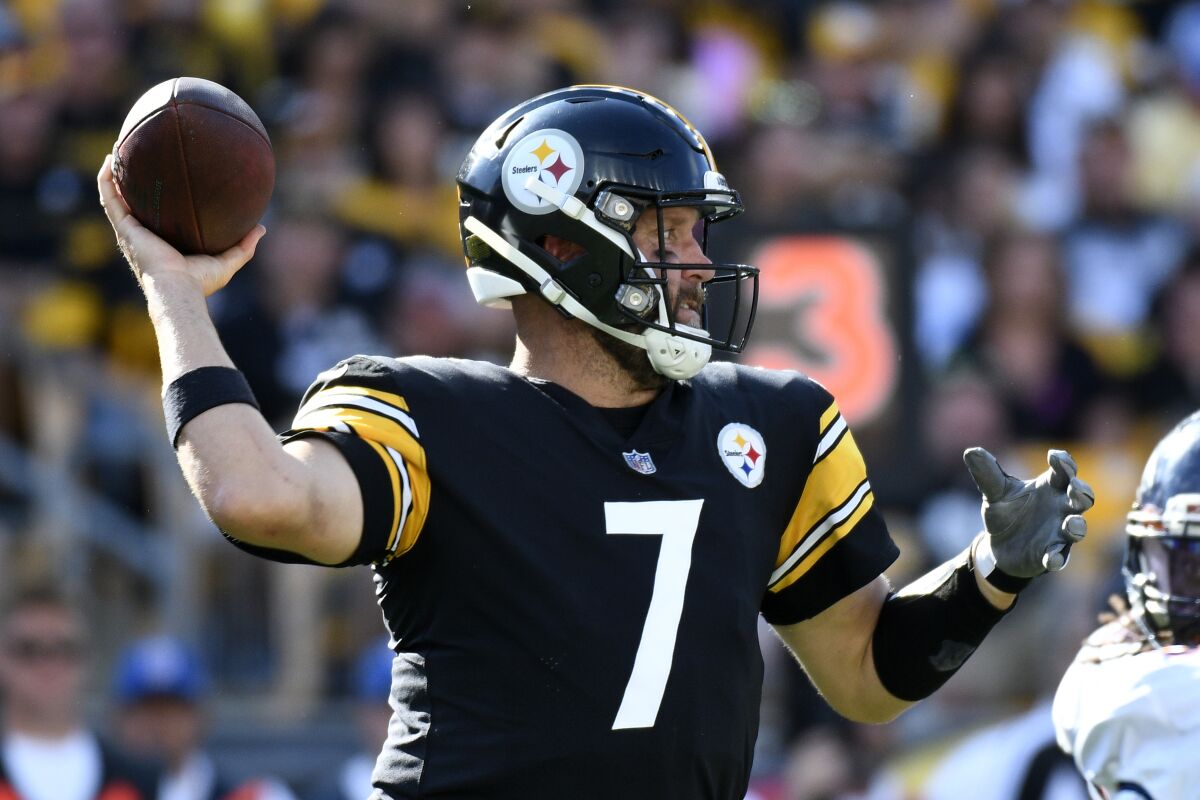 Pittsburgh Steelers quarterback Ben Roethlisberger (7) throws a pass during the second half of an NFL football game against the Denver Broncos in Pittsburgh, Sunday, Oct. 10, 2021. The Steelers won 27-19. (AP Photo/Don Wright)
